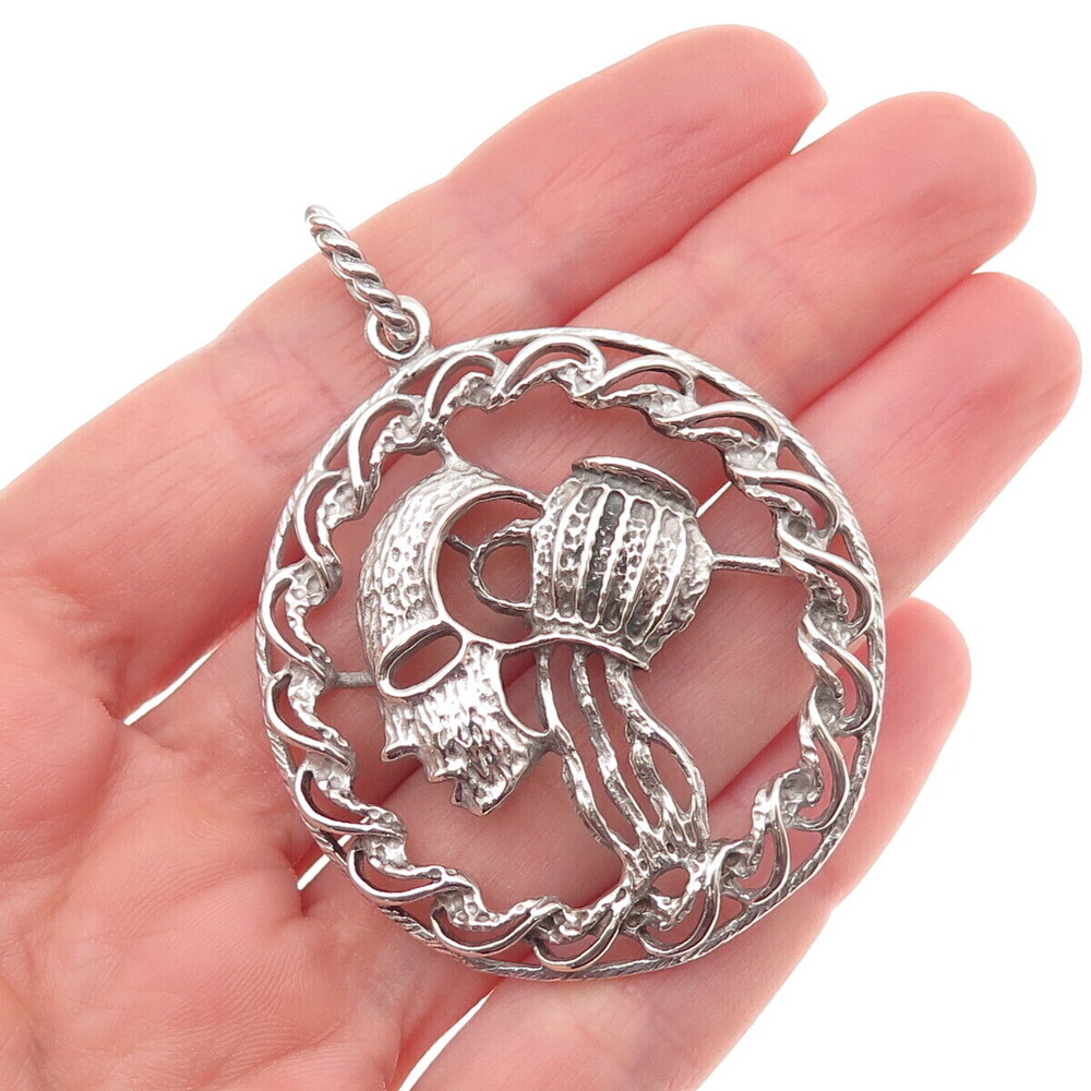 925 Sterling Silver Vintage Aquarius Zodiac Sign Oxidized Charm Pendant